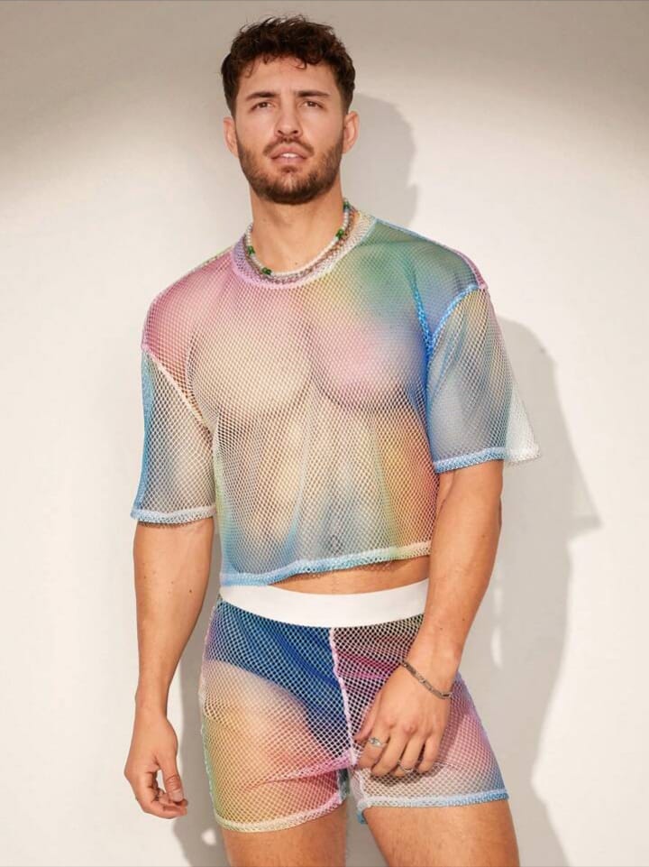 NIGHT-RIDER Men's Loose Rainbow Net Sexy Sleepwear T-shirt & Short Set